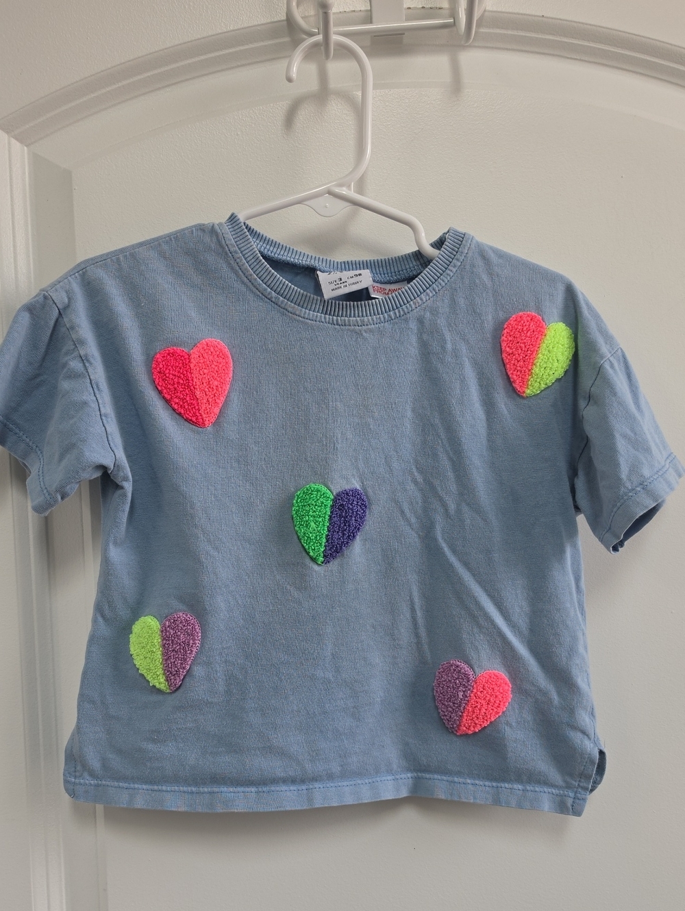 Zara Light Blue Short Sleeve Tee with Neon Heart Patches